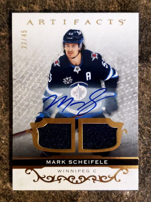 Mark Scheifele 2021-22 Artifacts Auto Dual Jersey Material Gold /45 #133