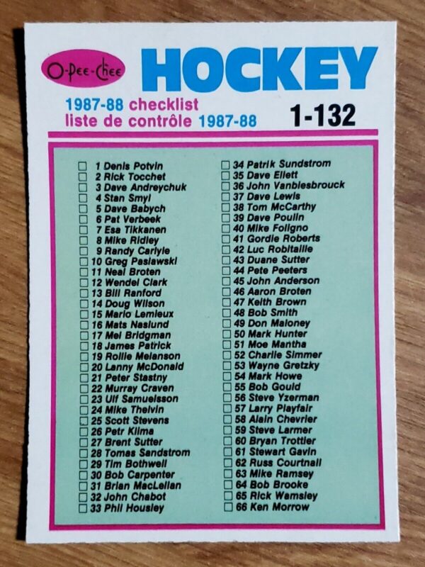 Unmarked Checklist 1987-88 O-Pee-Chee OPC NM+ #197