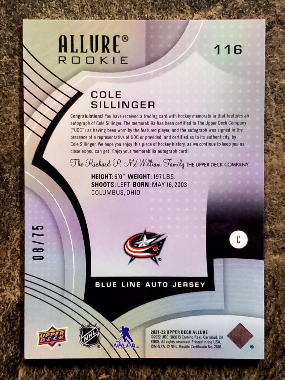 Cole Sillinger 2021-2022 Allure Blue RPA Rookie Patch Auto /75 #116 - Image 2
